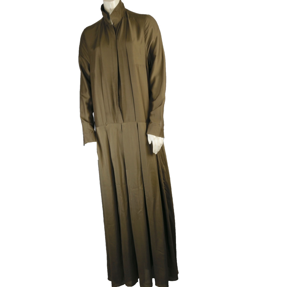 Heidi Merrick Silk Maxi Shirtdress Size S Olive Green Pleated Long Sleeve Luxury